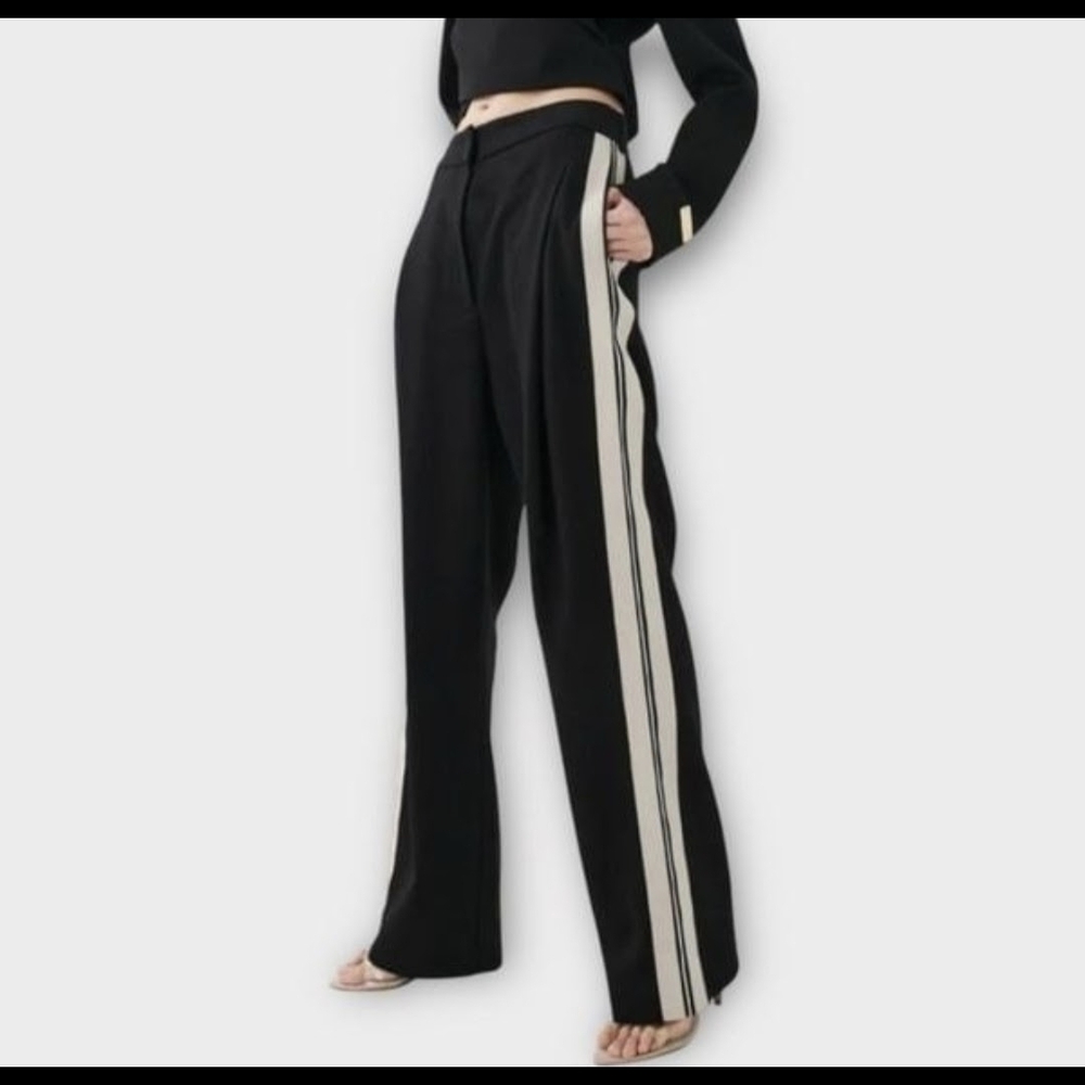 P.E NATION Black Wide-Leg Pants with Cream Side Stripes